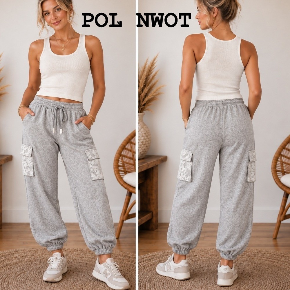POL Cargo Jogger Pants Womens Lrg Gray Waffle Knit Lace Crochet Pocket Trim Boho